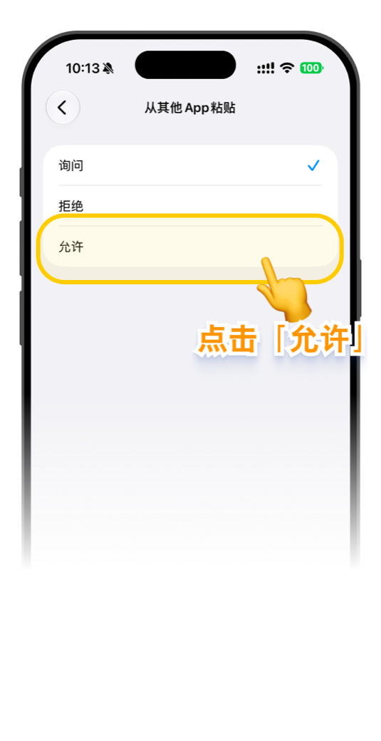 将从其他 App 粘贴设置为允许